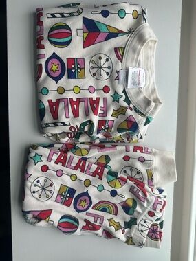 Holiday 'Fa La La' Cream Pajama Set with Multicolor Print